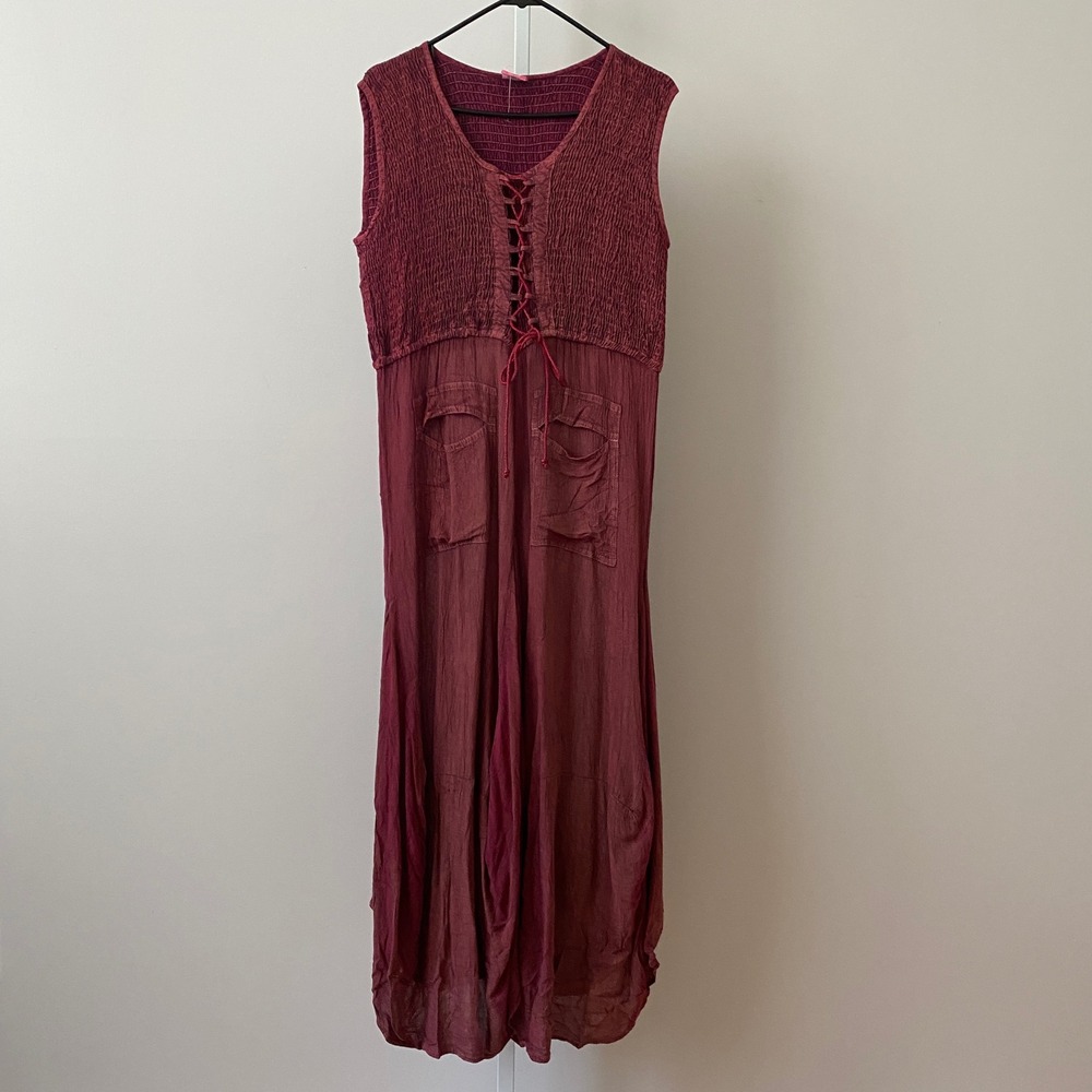 Fashion Terminal Cotton Boho Lagenlook Fairy Peasant Maxi Dress OS Burgundy
